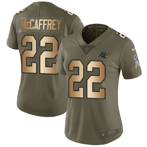 Nike Panthers #22 Christian McCaffrey Olive/Gold Women's Stitched NFL Limited Salute to Service Jersey